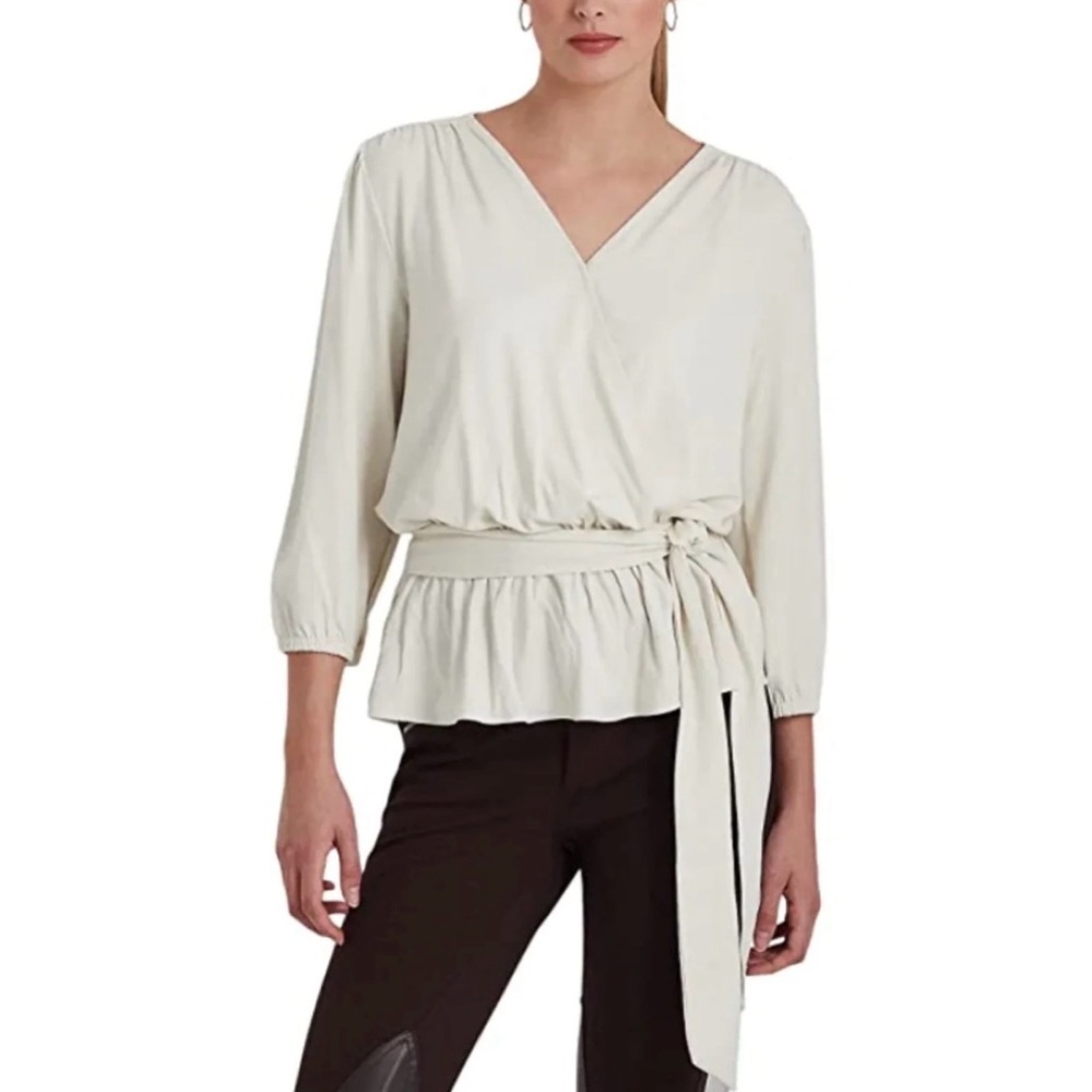 Lauren Ralph Lauren Jersey Ivory Wrap Blouse L